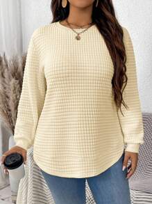 SHEIN LUNE Plus Size Women White Autumn Smart Casual Everyday Solid Round Neck Loose Long Sleeve Textured Quilted Pullover Sweatshirt,Fall Winter Light Sweater - Beige - View 6