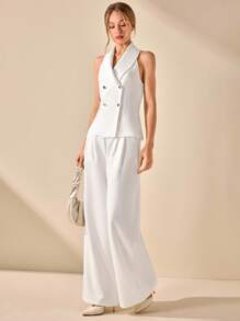 CLARA VERO Conjunto de 2 piezas para mujer con chaleco de cuello halter y pantalón ancho plisado elegante