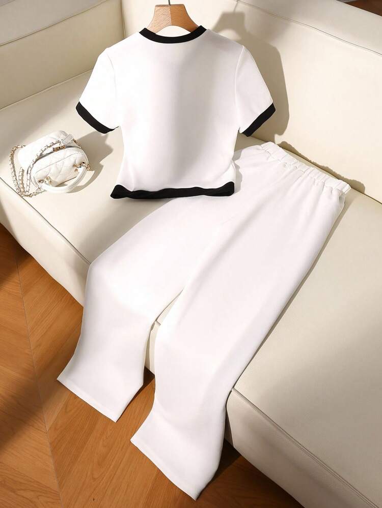 2pcs Women Elegant Set: Contrast Trim Front Button Short Sleeve Top And Long Pants Lounge Sets For Women Sets 2 Pieces Women Matching Sets Women Outfit Sets Women Teacher Outfits For Women Back To School Clothes Airport Outfit For Women Going Out Outfits Office Outfits For Women