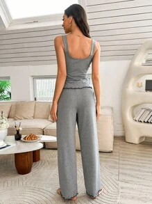 SHEIN 2 件套女士撞色蕾丝拼接 U 领吊带背心和宽肩带紧身长裤睡衣套装