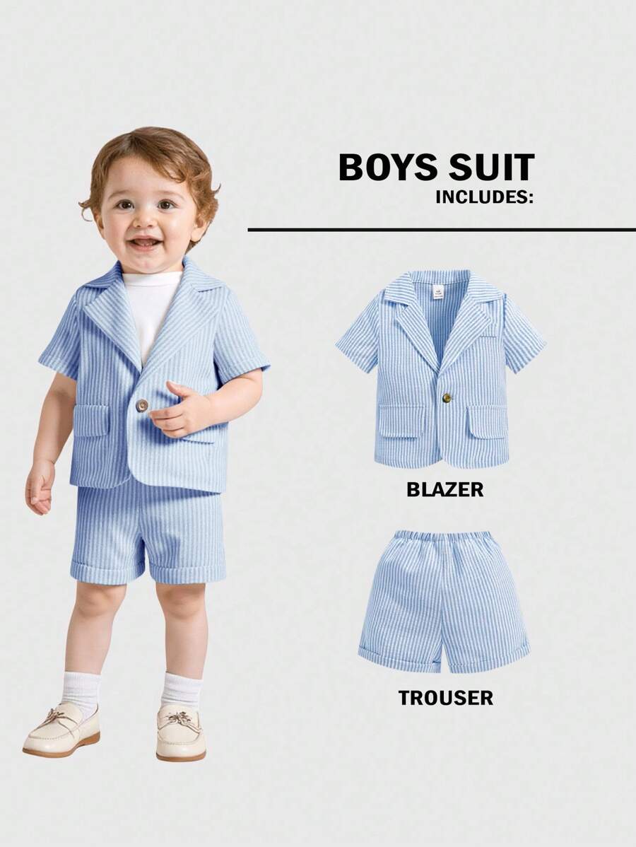 SHEIN 2 buc/set cămașă casual drăguță cu mânecă scurtă și pantaloni scurți cu talie elastică, potrivită pentru petrecere de ziua de naștere, petrecere de seară, spectacol, nuntă, petrecere baby shower, invitat la nuntă, paie, băiețel cu inele, fetiță cu flori, costume pentru bebeluși băieți, costum cu dungi pentru bebeluși băieți, ținută formală pentru bebeluși băieți - Albastru - Vizualizare 1