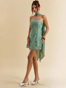 SHEIN BAE 女士串珠刺绣露肩 A 字迷你连衣裙，夏季 - 綠色 - 查看 5