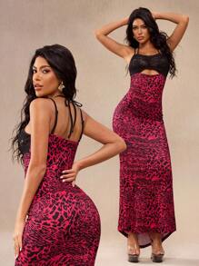 Shutterstock Glamance Sexy Off-Shoulder Ruffled Elegant Lace Leopard Print Red Maxi Dress For Women Suitable For Ball Party Country Concert Outfit Western Wear Women Club Outfits Women Sexy Going Out Dress Streetwear Women Grunge Punk Y2K 2000s Back To School Date Night Outfits Women - Red - View 6