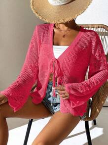 Breezaya Áo len cardigan dệt kim màu trơn đơn giản cho kỳ nghỉ - Màu Hồng  Dưa hấu - Xem 4