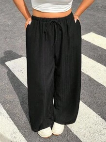 SHEIN EZwear 2 件大码女式休闲纯色抽绳腰斜口袋宽腿宽松裤 - 深灰色 - 查看 5
