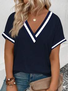 EMERY ROSE New Plus Size Women Fashionable Contrast Collar V-Neck Loose Short Sleeve T-Shirt - Navy Blue - View 1