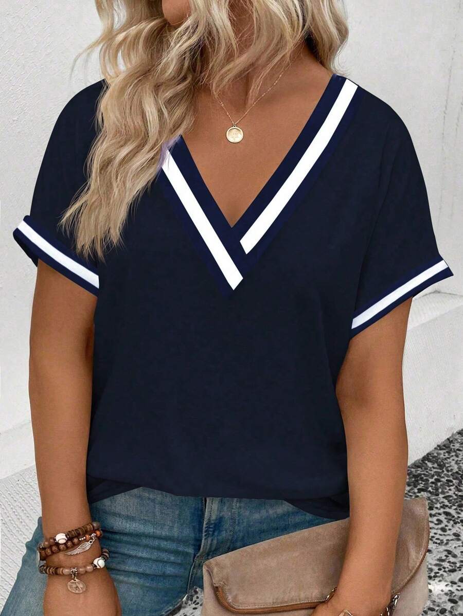 EMERY ROSE New Plus Size Women Fashionable Contrast Collar V-Neck Loose Short Sleeve T-Shirt - Navy Blue - View 1