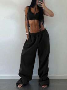 INAWLY Bộ 2 chiếc áo yếm ngắn gợi cảm màu trơn cho nữ và quần ống rộng - màu đen - Xem 2