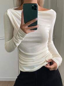 DAZY maglietta a maniche lunghe da donna con spalle scoperte, elegante, casual urbana, vestibilità slim