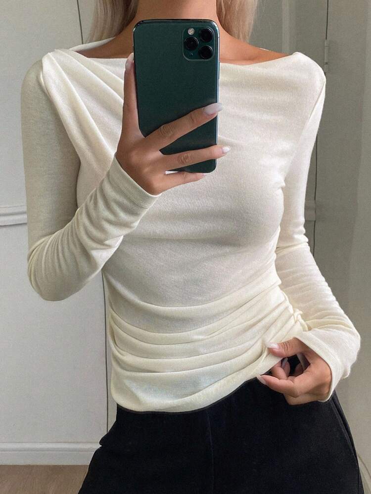 Tall Women's Elongated Sleeve Thin Crinkle Oblique Shoulder Fitted Elegant T-Shirt Long Sleeve