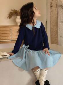 SHEIN Little Byeori 年轻女孩休闲优雅都市通勤学校宽松撞色蝴蝶结长袖衬衫裙两件套适合秋季、冬季、学校、毕业典礼、日常穿着、运动、度假、旅行