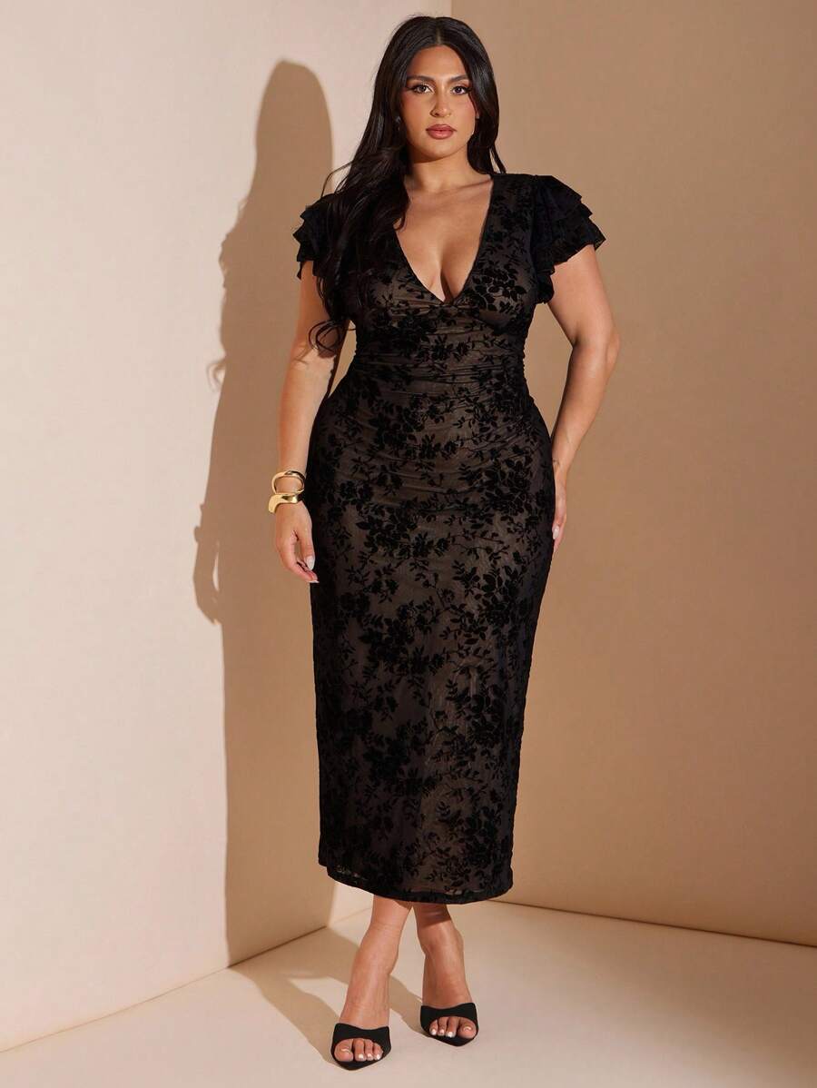 SHEIN BAE Plus Size Women Elegant Large Floral Mesh Print Bodycon V-Neck Dress, Long Length, Fitted, Arm Flattering, Suitable For Daily, Outing, Date, Afternoon Tea, Vacation, Spring/Summer, Back To School Season Dresses For Women Elegant Women Formal,Birthday Dresses For Women,Fall Women Clothes,Homecoming Dress,Valentine's Day,Valentine Outfits For Women - Black - View 1