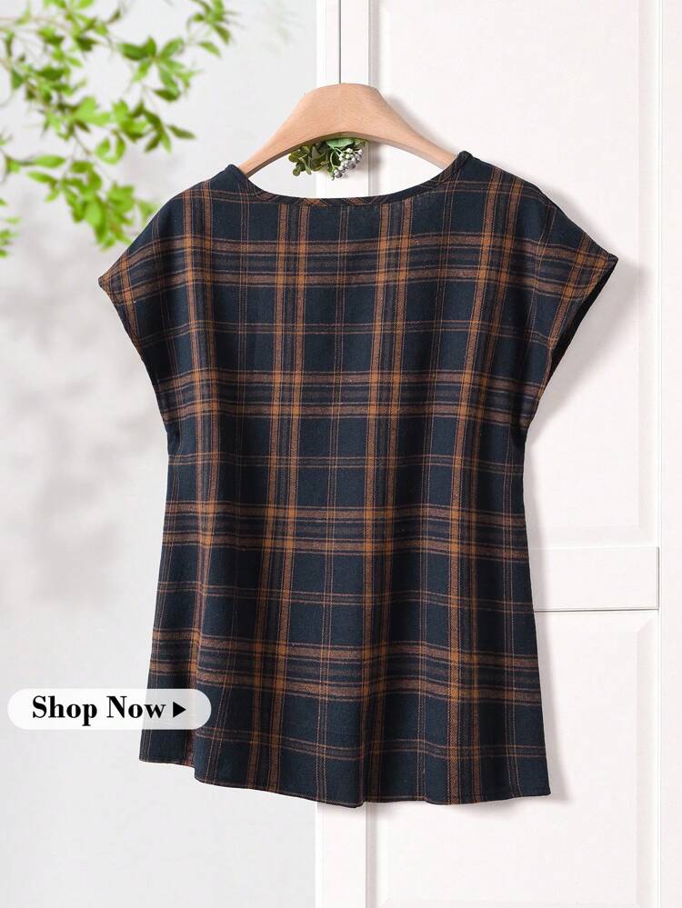 レディース カジュアル ラウンドネック 半袖 チェック柄プリントブラウス、春夏シーズンに適しています