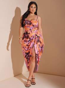 SHEIN BAE 大码女式加大夏季常规/节日/约会/派对V领开衩拼色扎染印花连衣裙/万圣节大码服装/婚礼宾客礼服 - 彩色 - 查看 3