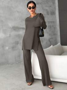 EURMUSE Cotton Solid Split Hem Tee & Flare Leg Pants - Mocha Brown - View 5