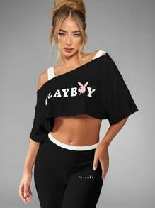 Missguided x Playboy Áo crop top hai dây trễ vai kết hợp quần ống loe cạp cao, thời trang hai mảnh cho trang phục thường ngày theo phong cách đô thị đương đại - màu đen - Xem 4