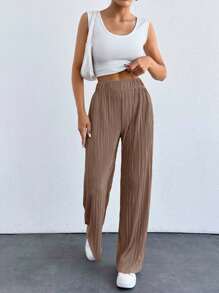 EURMUSE 女式纯色松紧腰褶皱直筒休闲裤 - 棕色 - 查看 4