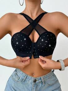 SHEIN Black Fantasy Women's Push Up Bralette With Criss Cross Halter Design, Sparkling Rhinestone Embellishments, And Backless Appeal. - Black - View 3