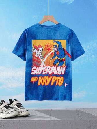 SUPERMAN X SHEIN Tween Boy Casual Street Style Cartoon Hero & Letter Print Tie-Dye Short Sleeve T-Shirt