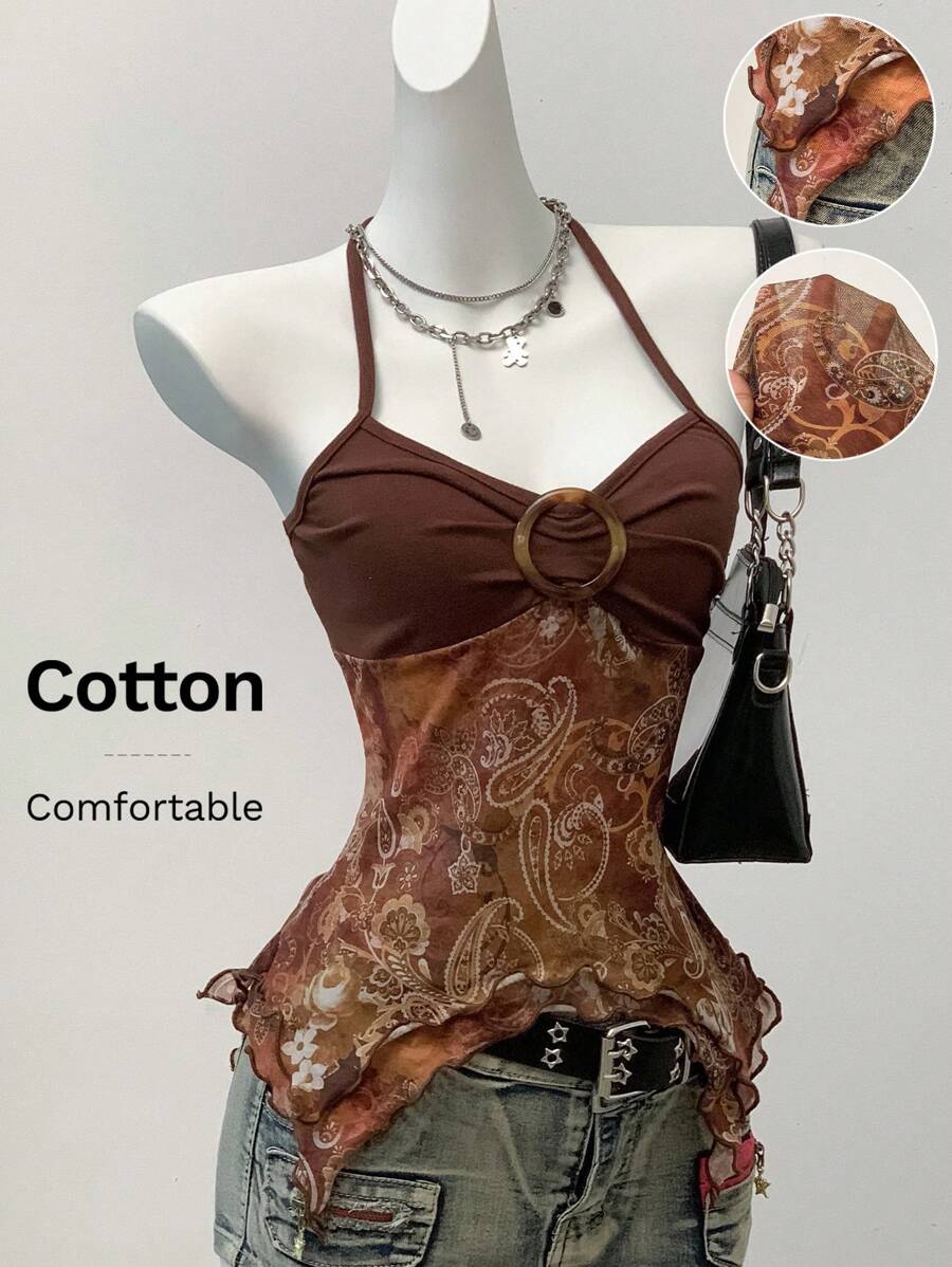 SHEIN EZwear Áo Y2k Vintage Grunge Country Concert Retro In Lưới Halter Cổ Hở Lưng, Nhìn Xuyên Qua - màu nâu - Xem 1