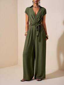 Zivah New Summer Casual Simple Basic Style Daily Dating Commuting Elegant Lapel Sleeveless Wide Shoulder Cross Strap Waist Wide Leg Straight Pants Green Women's Jumpsuit-A Green Jumpsuit Women Summer Jumpsuits For Women Casual Jumpsuits For Women Green Women Jumpsuit - Army Green - View 3