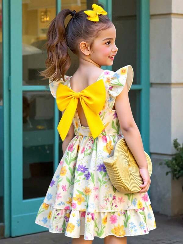 Girls Elegant Floral Print Round Collar Flare Sleeve Hollow Back Bow Decor Waist Ruffle Hem Casual Fashionable Dress, Suitable For Vacation/Travel In Summer  Girls Floral Bow Dress Yellow Floral Girls Dress