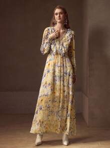 MOTF PREMIUM WOMEN'S ALLOVER FLORAL PRINT V-NECK ELABORATE RHINESTONE LAYERED RUFFLE TRIM LANTERN SLEEVE ELEGANT DRESS