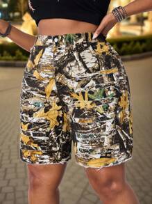 Slaydiva Pantalones cortos de mezclilla con camuflaje y efecto desgastado, para mujer talla grande, de verano - Multicolor - Ver 5