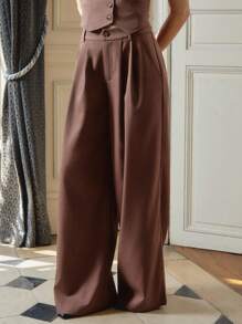 lacRébo 棕色修身阔腿裤，前褶低腰，教师装，办公室装 - 棕色 - 查看 5