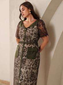 Anewsta Đầm ren dài vừa phải tay ngắn cổ chữ V thắt eo cỡ lớn cho nữ - xanh quân đội - Xem 2