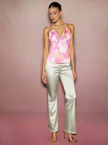 L'Amorae Summer Elegant Print Backless Halter Neck Top - Pink - View 3