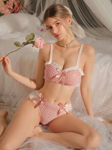 DelicateAllure Plaid, Countryside, Romantic, Bowknot, Ruffle, Ruched Edge, Lace, Patchwork, Sweet Bra + Panty 2 Pieces Set, Ribbon, Women Lingerie Set, Kawaii  Cozy And Elegant Details - Pink - View 3