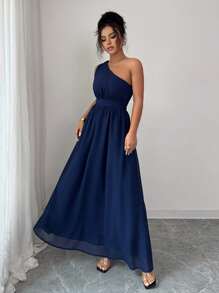 Selianne Women Solid Chiffon One Shoulder Fitted Midi Dress - Navy Blue - View 6