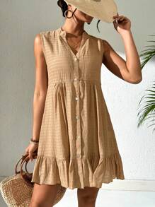 Swim Vcay 女式夏季海滩无袖 V 领纽扣式贝壳边荷叶边下摆度假连衣裙