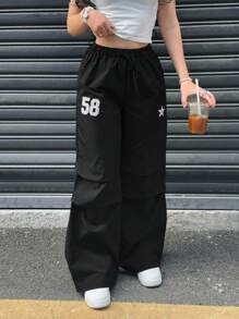 SHEIN 少女黑色星星&英文图案阔腿低腰裤，街头风格，返校，可爱，度假家庭户外春季野餐日常穿着，适合各种场合星星裤58裤数字裤阔腿裤黑色裤子