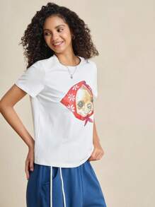 INAWLY Áo thun cổ tròn tay ngắn in hình chó đơn giản, giản dị dành cho nữ, thích hợp mặc vào mùa hè - trắng - Xem 3