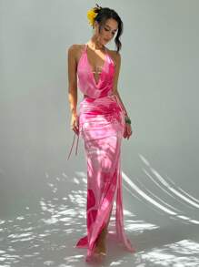 Aloruh مجموعة سيدات صيف مكونة من كامي بطبعة زهرية وياقة خطافية وتنورة ماكسي مكسرة الحافة، مثيرة