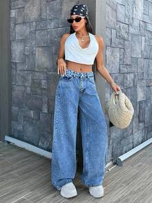 EURMUSE 女式低腰阔腿休闲街头风牛仔裤，中度水洗 - 中等水洗藍 - 查看 3