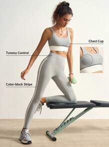 VARSITIE Seturi de antrenament pentru femei, camisol cu patchwork în culori contrastante și colanți sport, set de îmbrăcăminte sport pentru femei, set de yoga, colanți fără sudură cu blocuri de culori, seturi de antrenament pentru femei