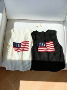 Comfortcana Women Usa 4th Of July Casual Knitted Sweater Vest  Top,2pcs,Suitable For Daily Street Wear 
Casual And Versatile