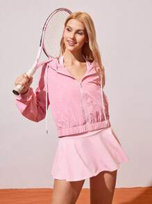 CourtClass Women's Casual Solid Color Zipper Front Drawstring Hooded Sports Jacket Pink Zip Up Hoodie Women Light Pink Hoodie Pink Athletic Jacket Women Pink Hooded Jacket Women Pink Outfit - Pink - View 5
