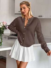 EURMUSE Women's Plain Drop Shoulder Long Sleeve Single Breasted Casual Knit Cardigan - Brown - View 3