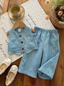 LMoss Kids LMoss Baby Girl Woven Solid Color Top And Loose Casual Long Pants Set - Blue - View 5