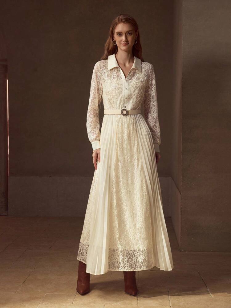 LACE CONTRAST PLEATED FLOWY DRESS