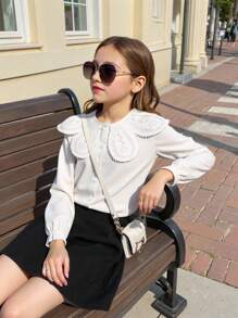 SHEIN 女孩优雅刺绣花领长袖开襟单排扣休闲公主衬衫，适合上学、度假、旅行、生日派对、春秋季