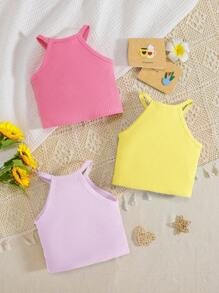 SHEIN 3pcs Young Girl Ribbed Tank Tops Set, Casual Vacation/Back-To-School For Little Sleeveless Tops Halter Tops For Cute Summer Tops For Ribbed Halter Tops Ribbed Halter Top - Purple - View 2