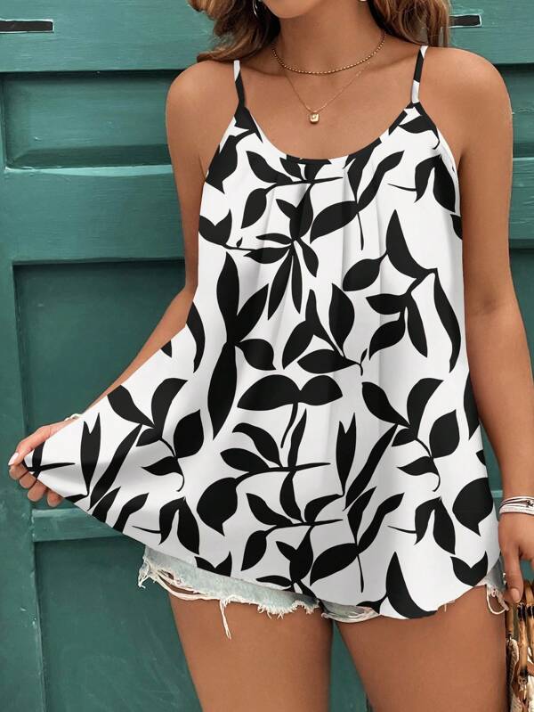 SHEIN Clasi Camizolă și maiou cu imprimeu de frunze, casual și elegant, mărime plus, potrivit pentru vară