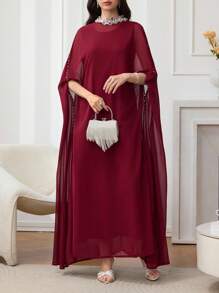 Modelyn Đầm tay cánh dơi đính ngọc trai trang trí cho nữ & Đầm không tay thanh lịch 2 món - Màu Đỏ Sâu - Xem 4