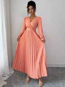 Elenzga 女式重叠 V 领灯笼袖褶边返校优雅婚礼派对礼服，秋冬 - 橘色 - 查看 4