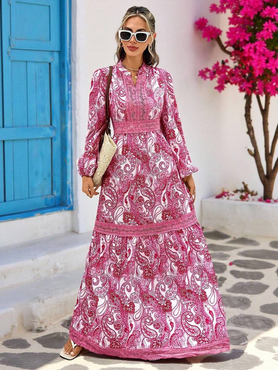 Vivid Eden 女士度假腰果花印花深V领灯笼袖连衣裙 - 粉色 - 查看 1